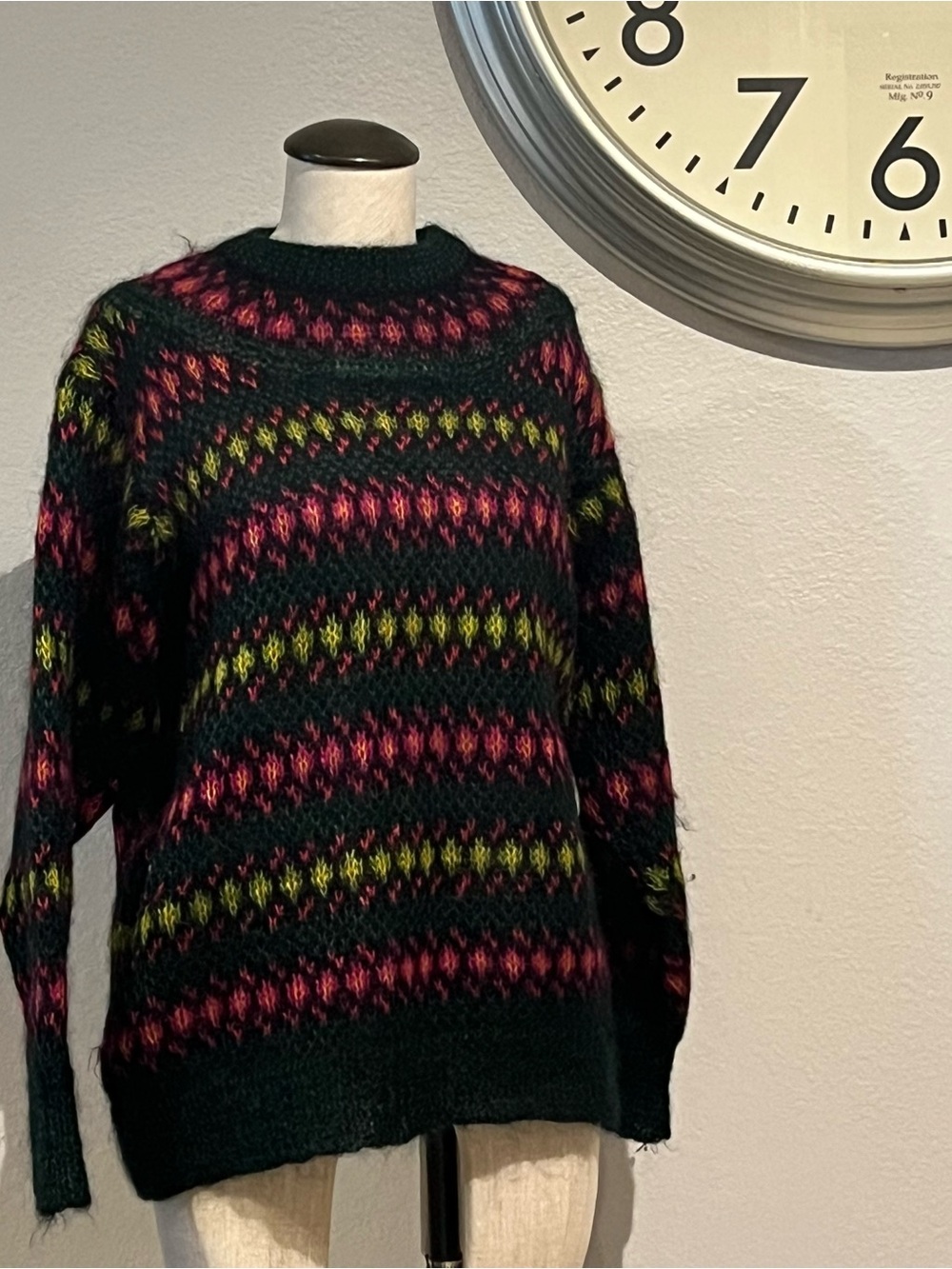 VintaStudio Dark Green Fair Isle Crewneck Sweater with Pink & Chartreuse Accents